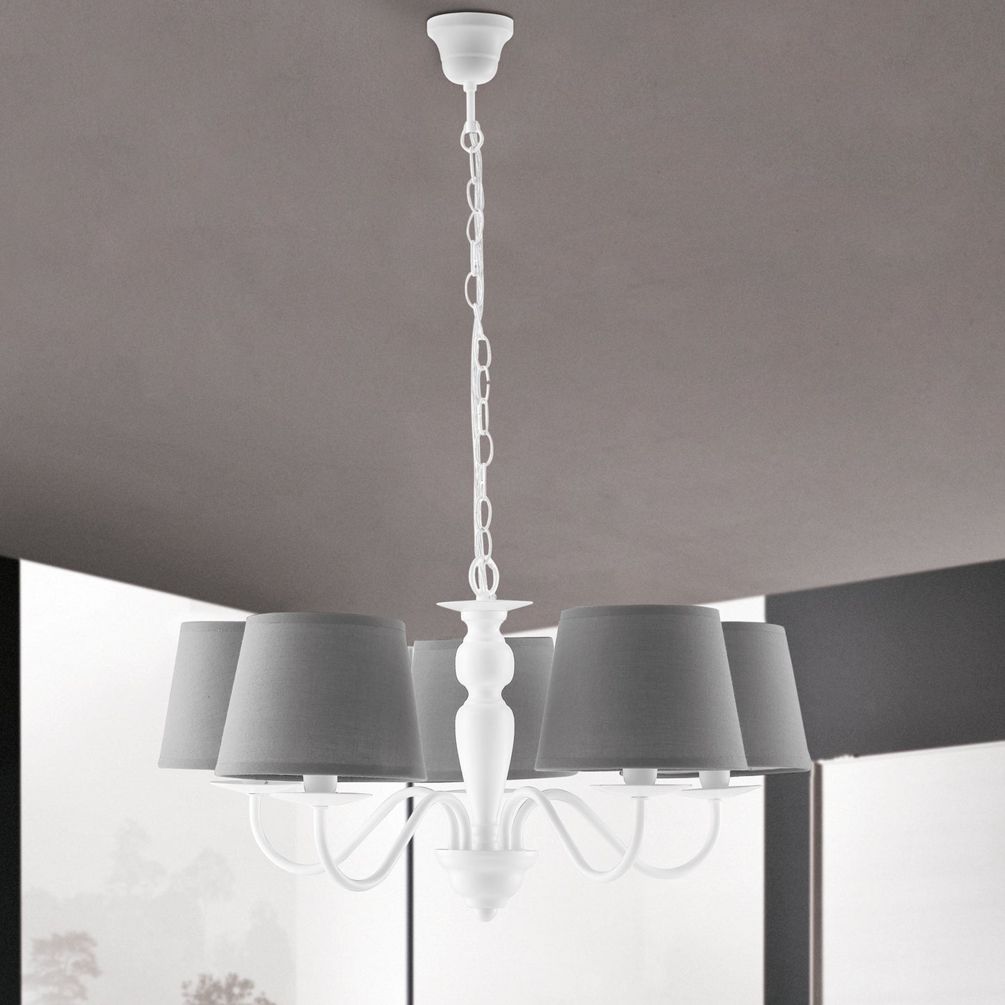 Lampadario FAVOLA in metallo bianco con cinque paralumi in tessuto grigio