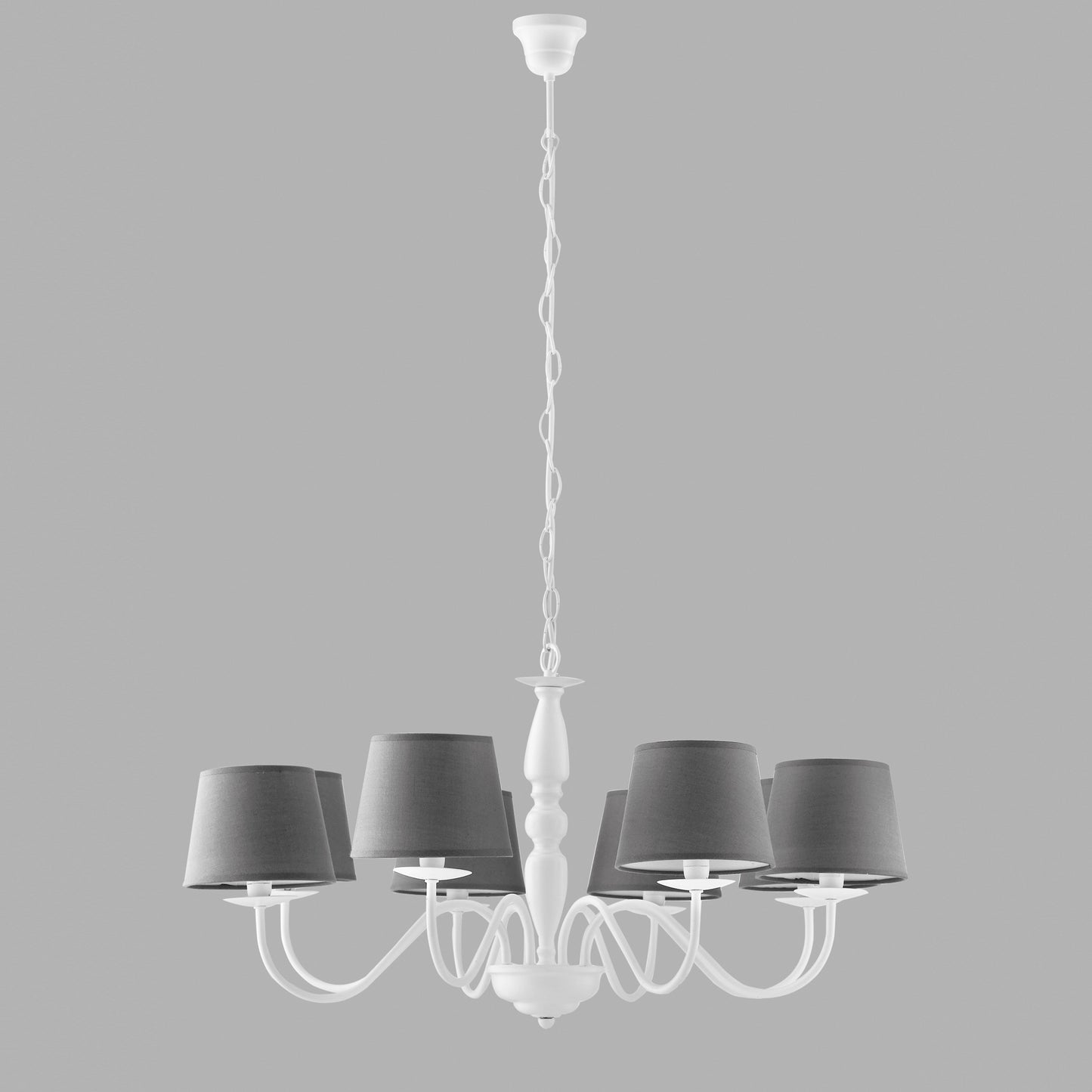 Lampadario FAVOLA in metallo bianco con otto paralumi in tessuto grigio