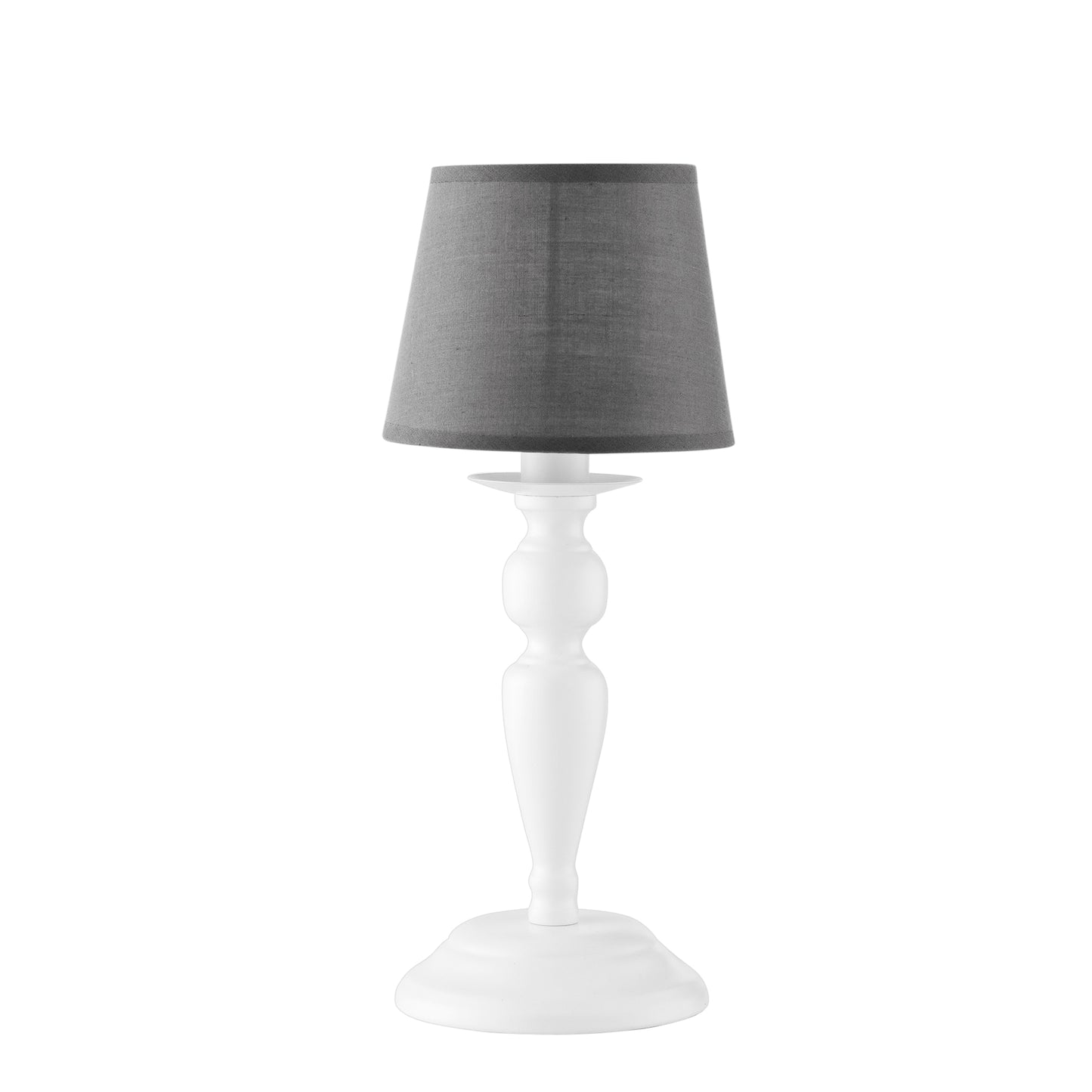 Lampada da tavolo FAVOLA in metallo bianco con paralume in tessuto grigio