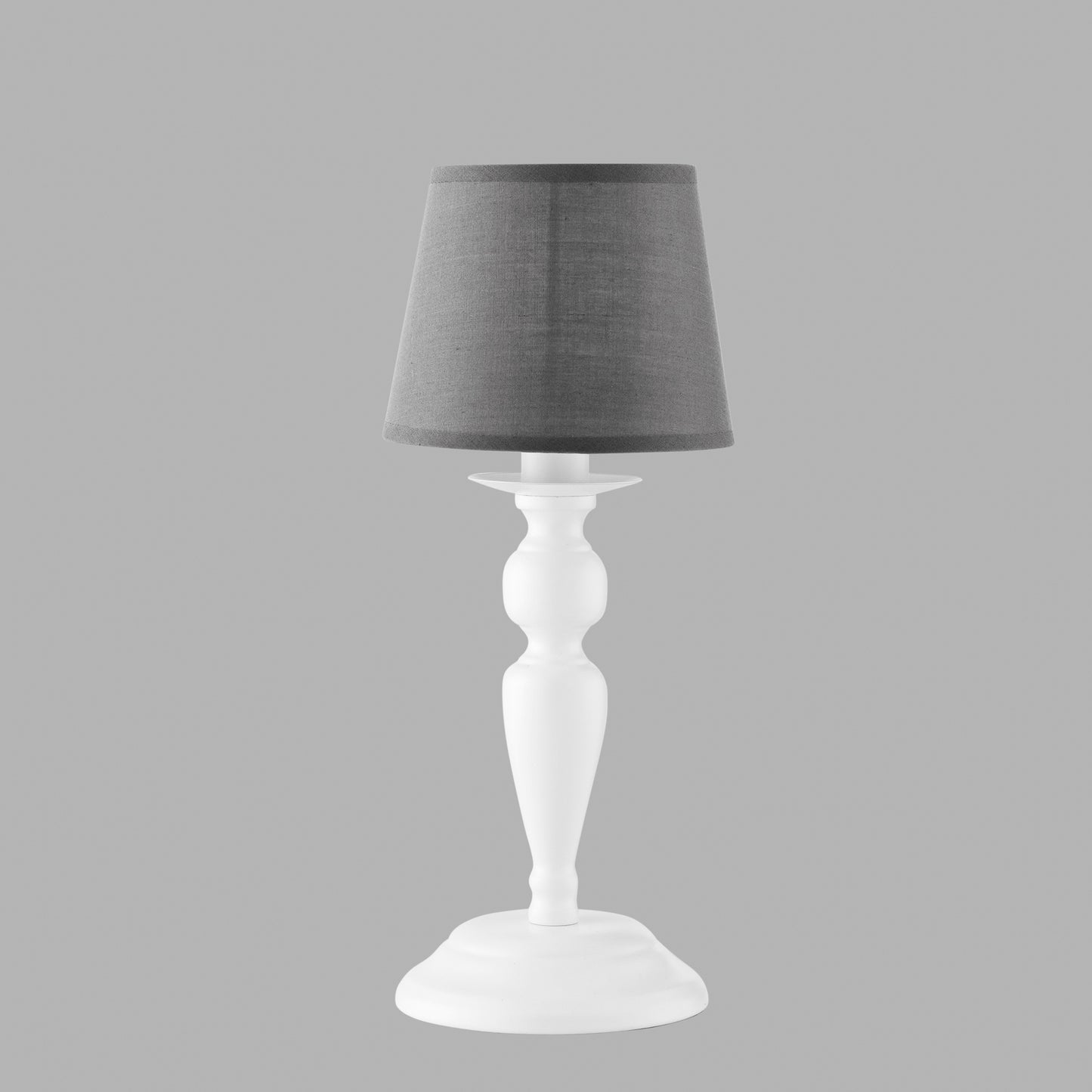 Lampada da tavolo FAVOLA in metallo bianco con paralume in tessuto grigio