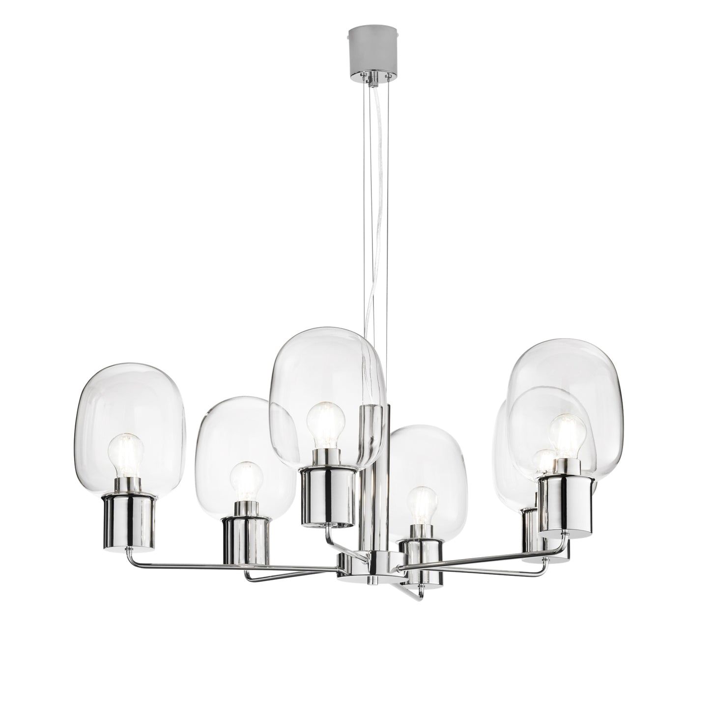 Lampadario a sospensione FELLINI in metallo cromato con sei diffusori in vetro