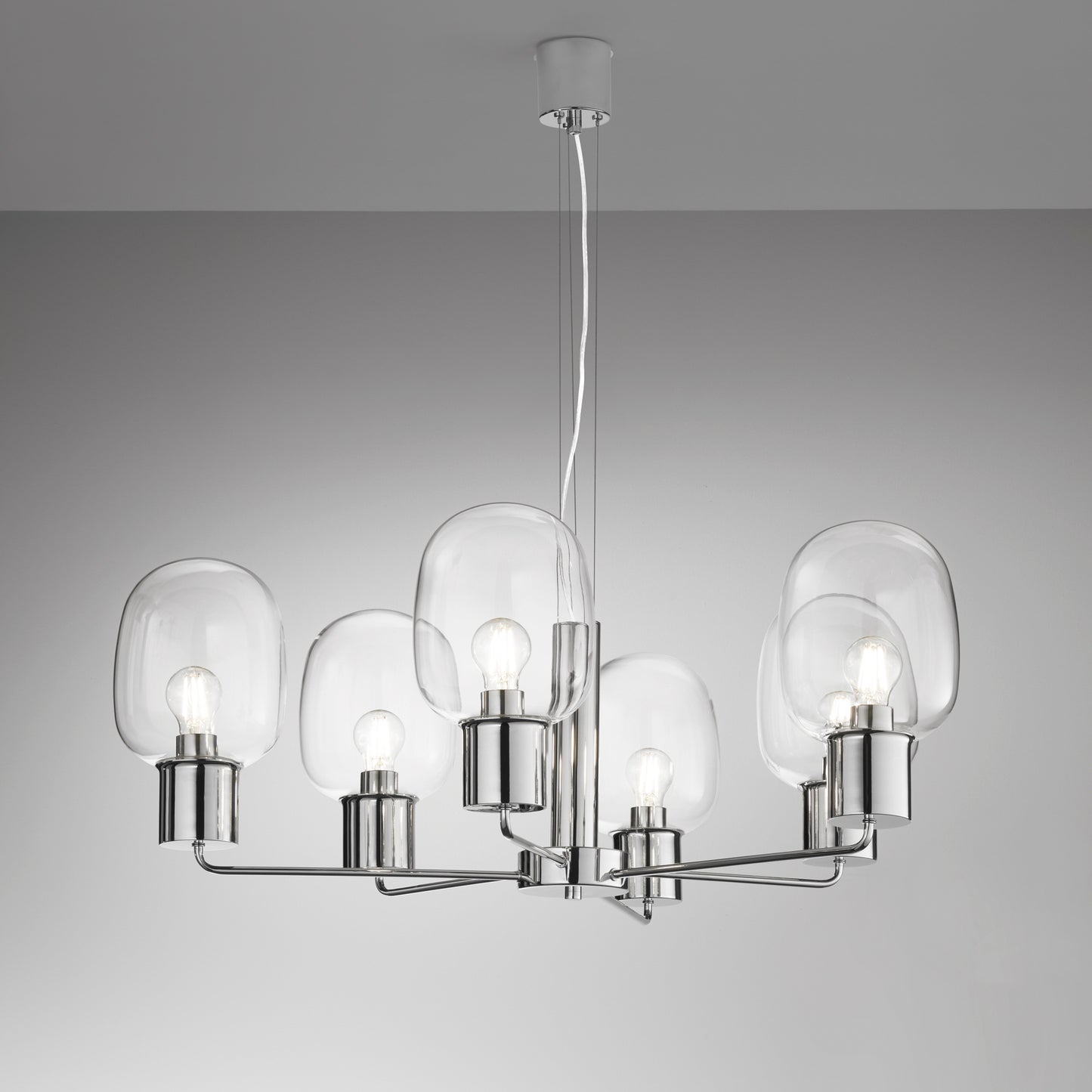 Lampadario a sospensione FELLINI in metallo cromato con sei diffusori in vetro