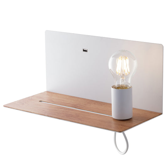 Applique FLASH in metallo bianco su mensola in legno con presa USB e punto luce mobile