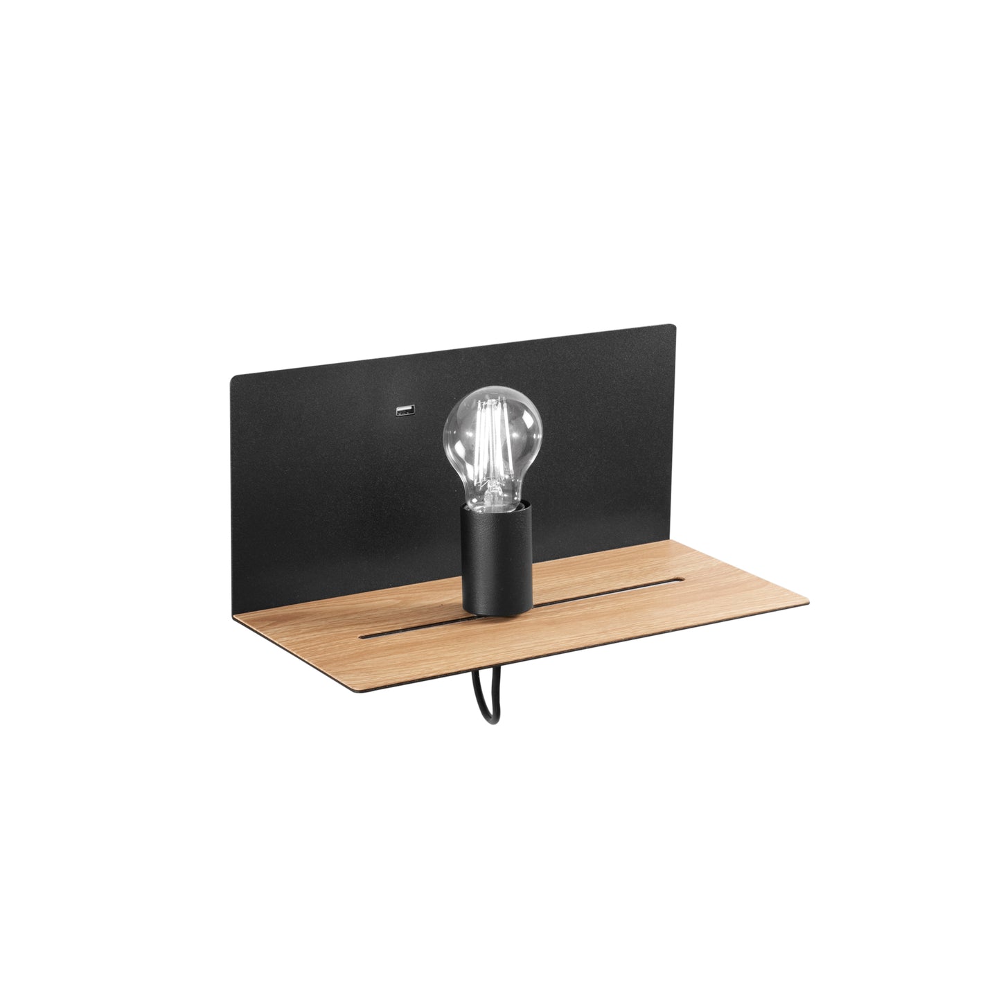 Applique FLASH in metallo nero su mensola in legno con presa USB e punto luce mobile
