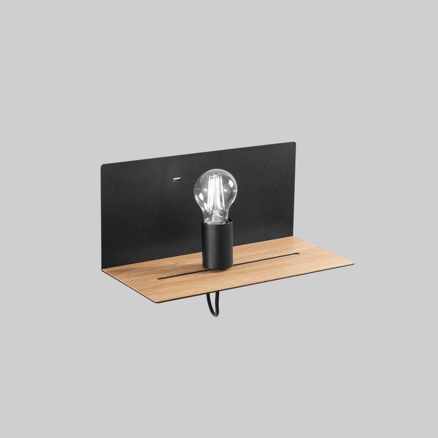 Applique FLASH in metallo nero su mensola in legno con presa USB e punto luce mobile