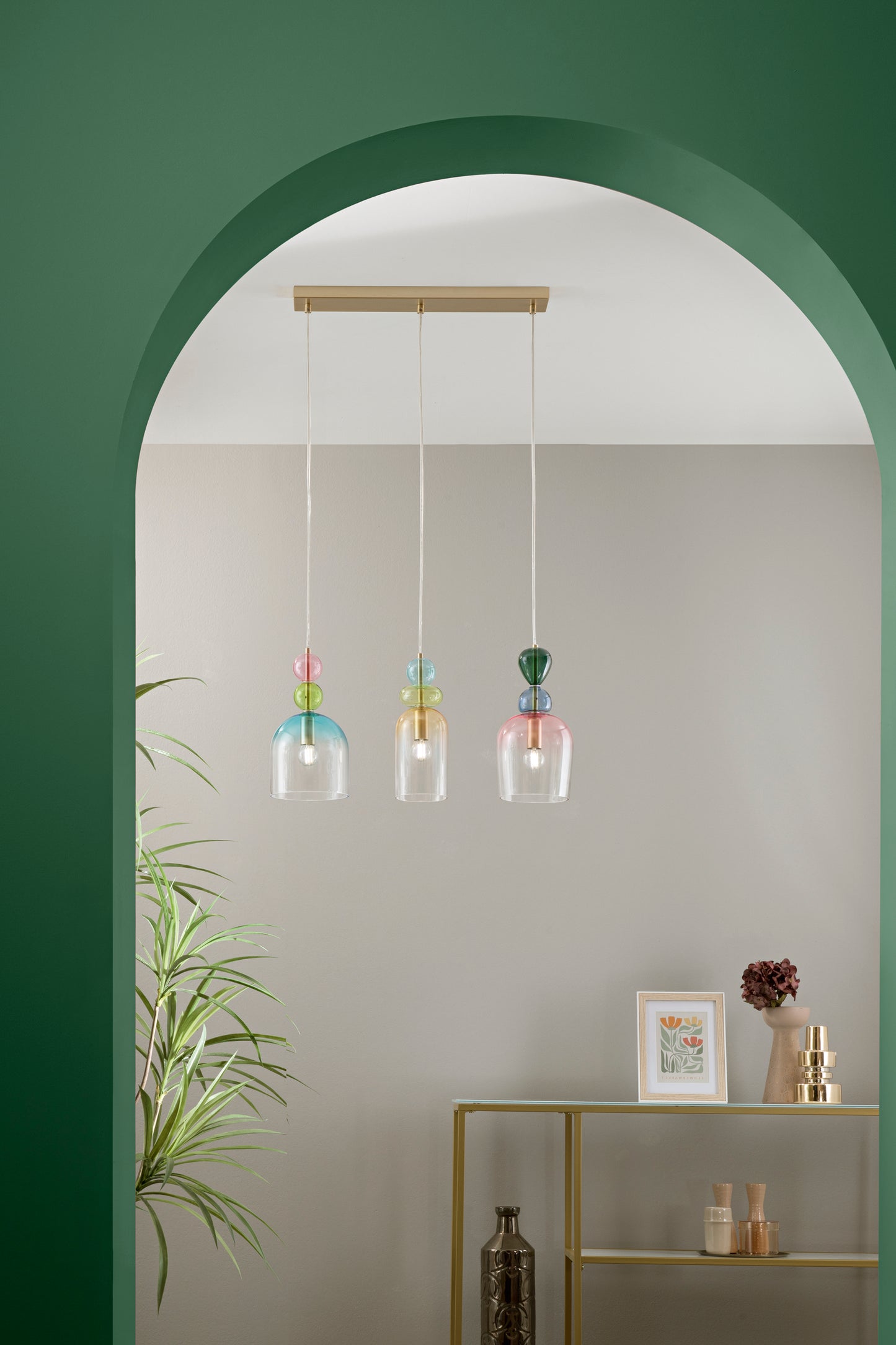 Sospensione GAUDI con 3 diffusori in vetro dai colori floreali