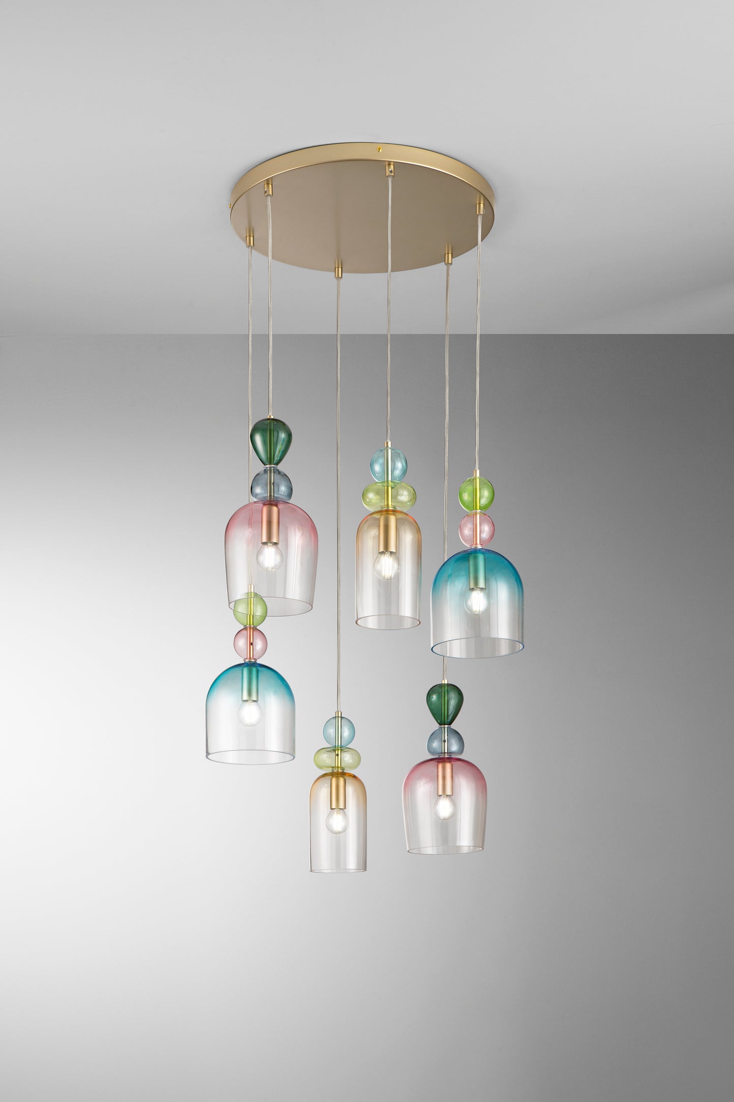 Sospensione GAUDI con 6 diffusori in vetro dai colori floreali