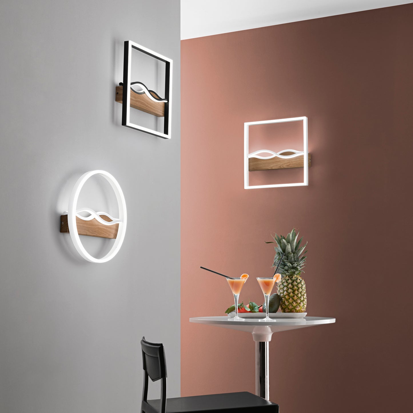 Plafoniera LED HAWAII quadrata in metallo bianco con base effetto legno - CCT