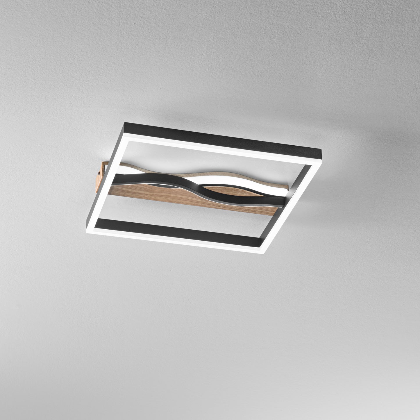 Plafoniera LED HAWAII quadrata in metallo nero con base effetto legno - CCT