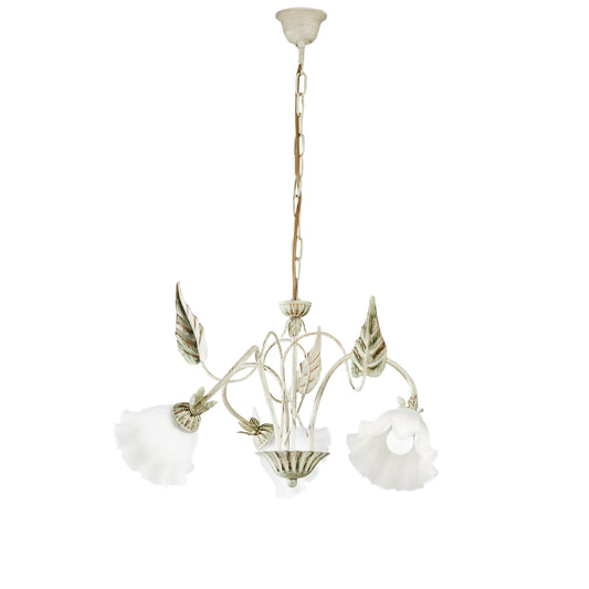 Lampadario ISOTTA in metallo avorio e tre diffusori in vetro bianco