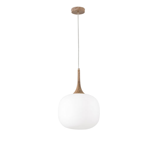 Sospensione JAIPUR in metallo color legno e diffusore in vetro bianco 30 cm. Ø