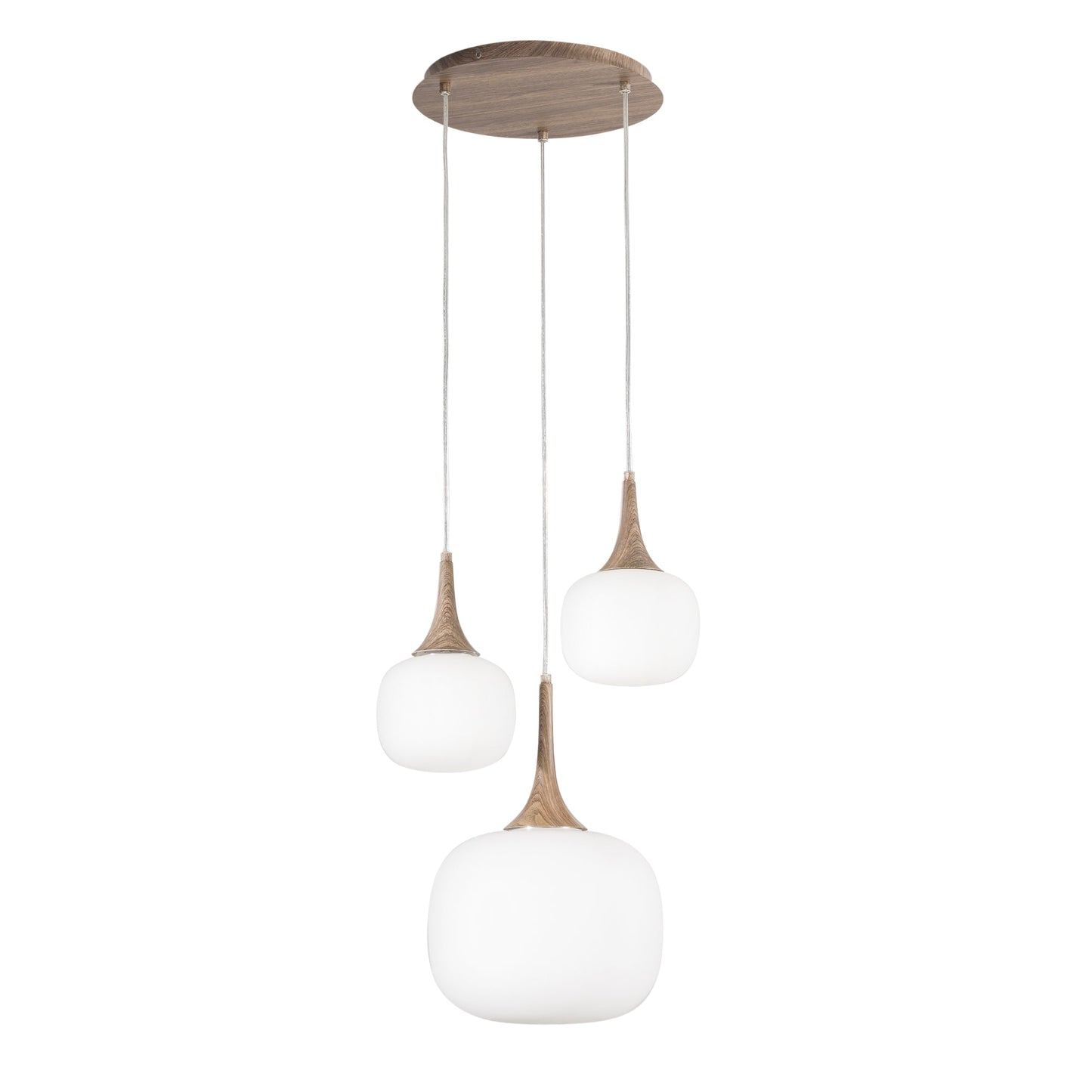 Sospensione JAIPUR in metallo color legno e tre diffusori in vetro bianco