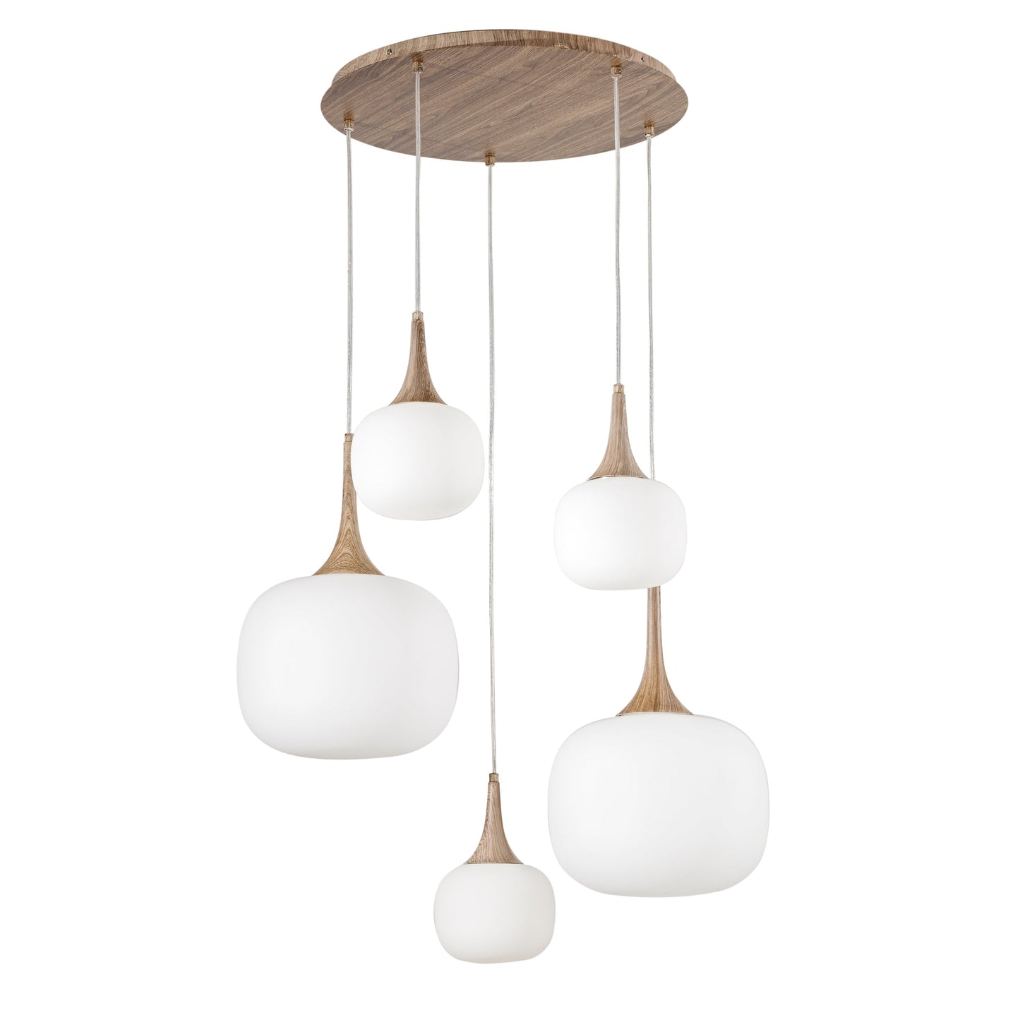 Sospensione JAIPUR in metallo color legno e cinque diffusori in vetro bianco