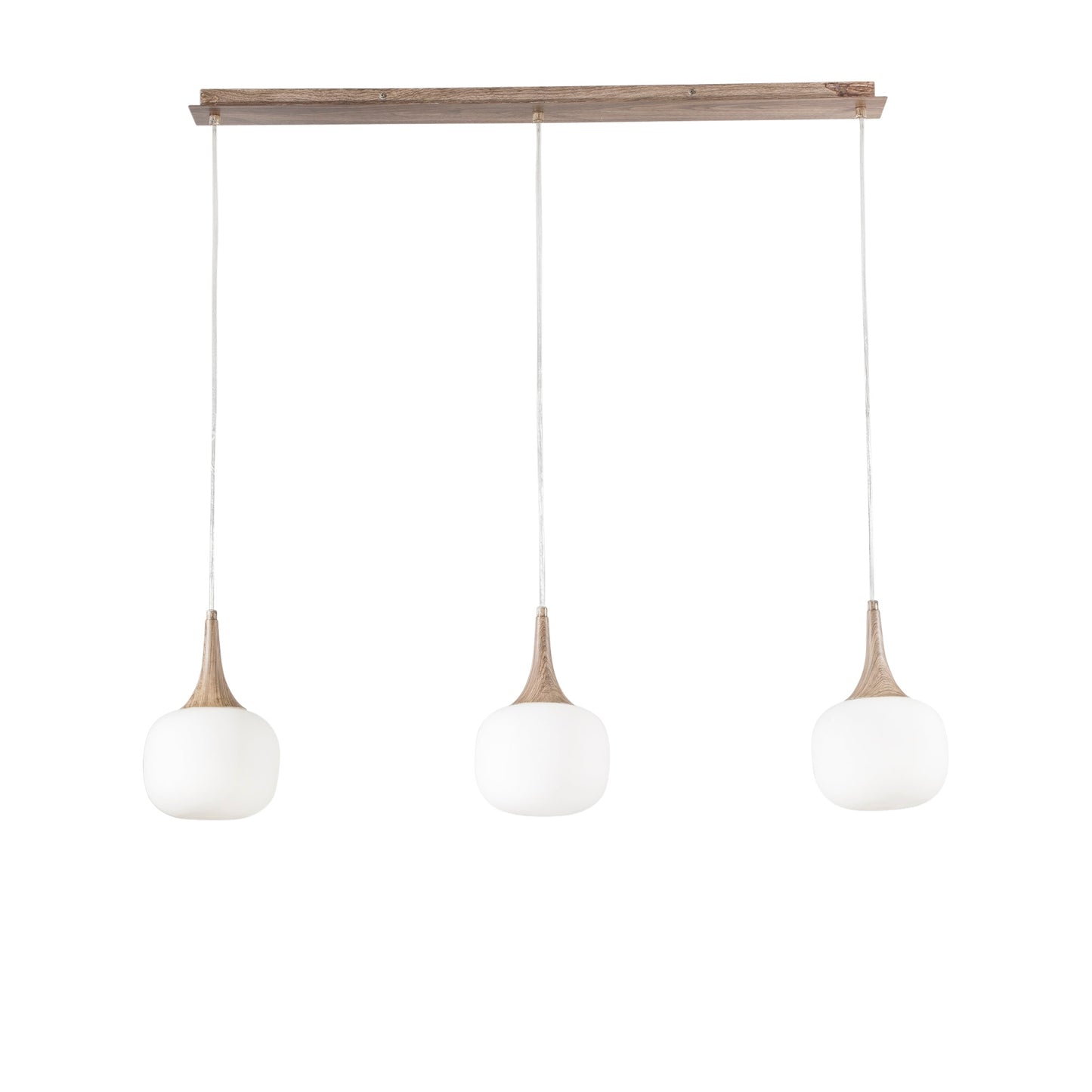 Sospensione lineare JAIPUR in metallo color legno e tre diffusori in vetro bianco