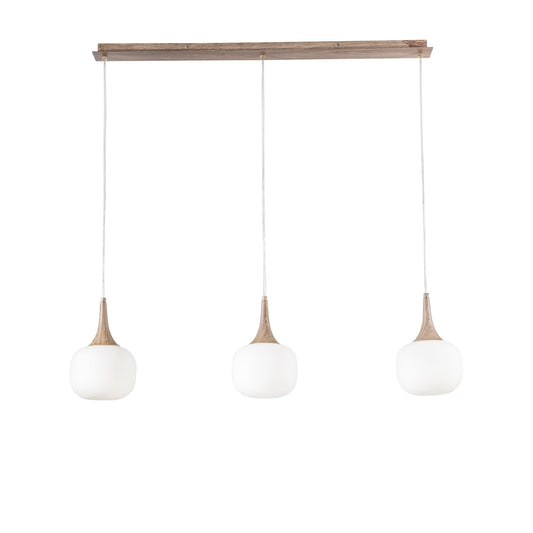 Sospensione lineare JAIPUR in metallo color legno e tre diffusori in vetro bianco