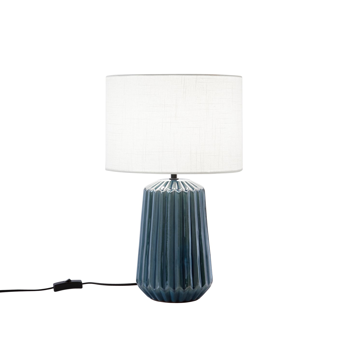 Lampada da tavolo KIOWA base in ceramica ottanio con paralume in tessuto bianco