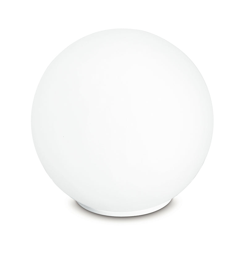 Lampada da tavolo CITY in metallo cromato e diffusore a sfera bianco 20 cm.