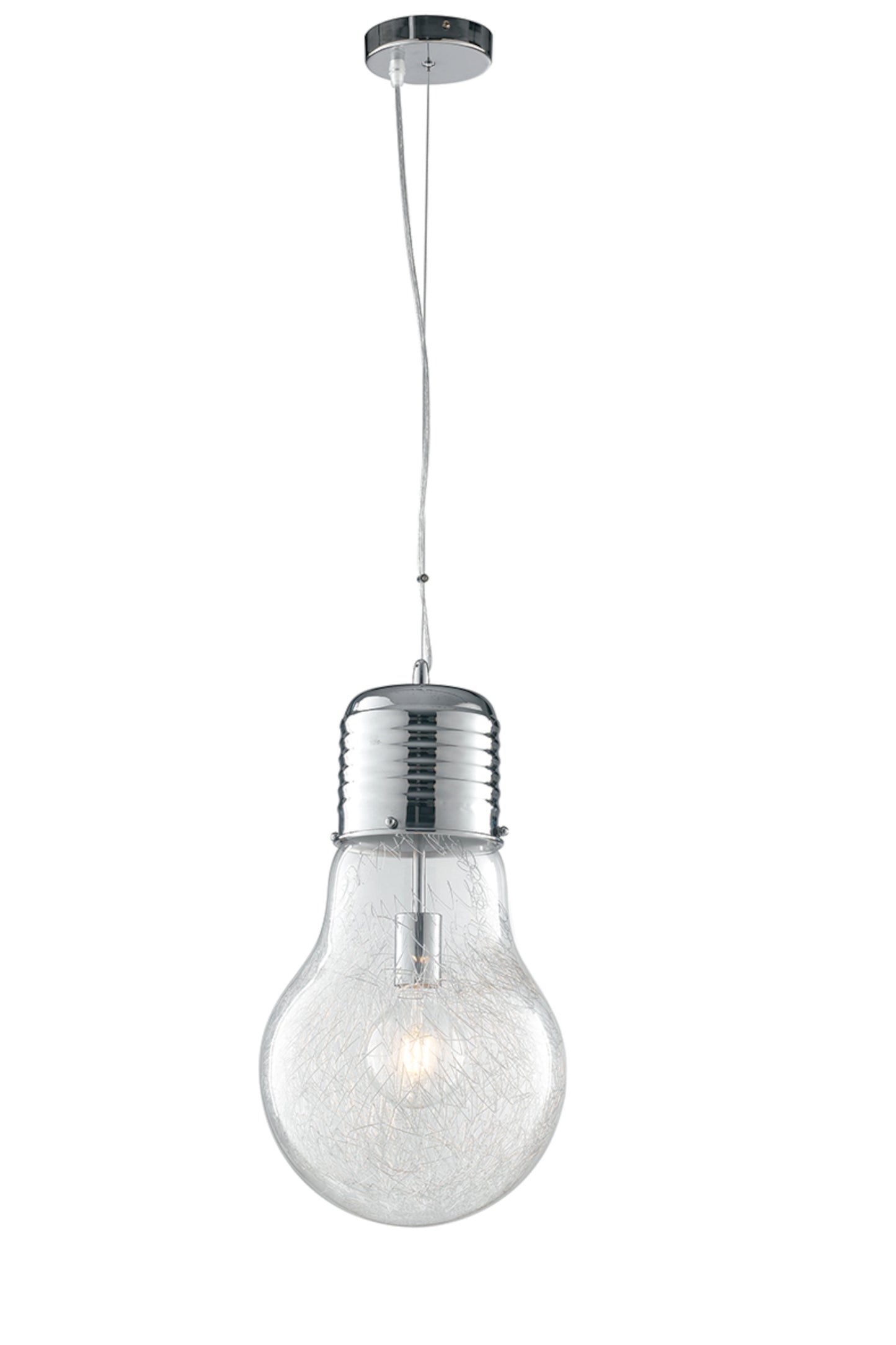 Sospensione LAMPADINA in alluminio cromato e diffusore in vetro 30 cm.