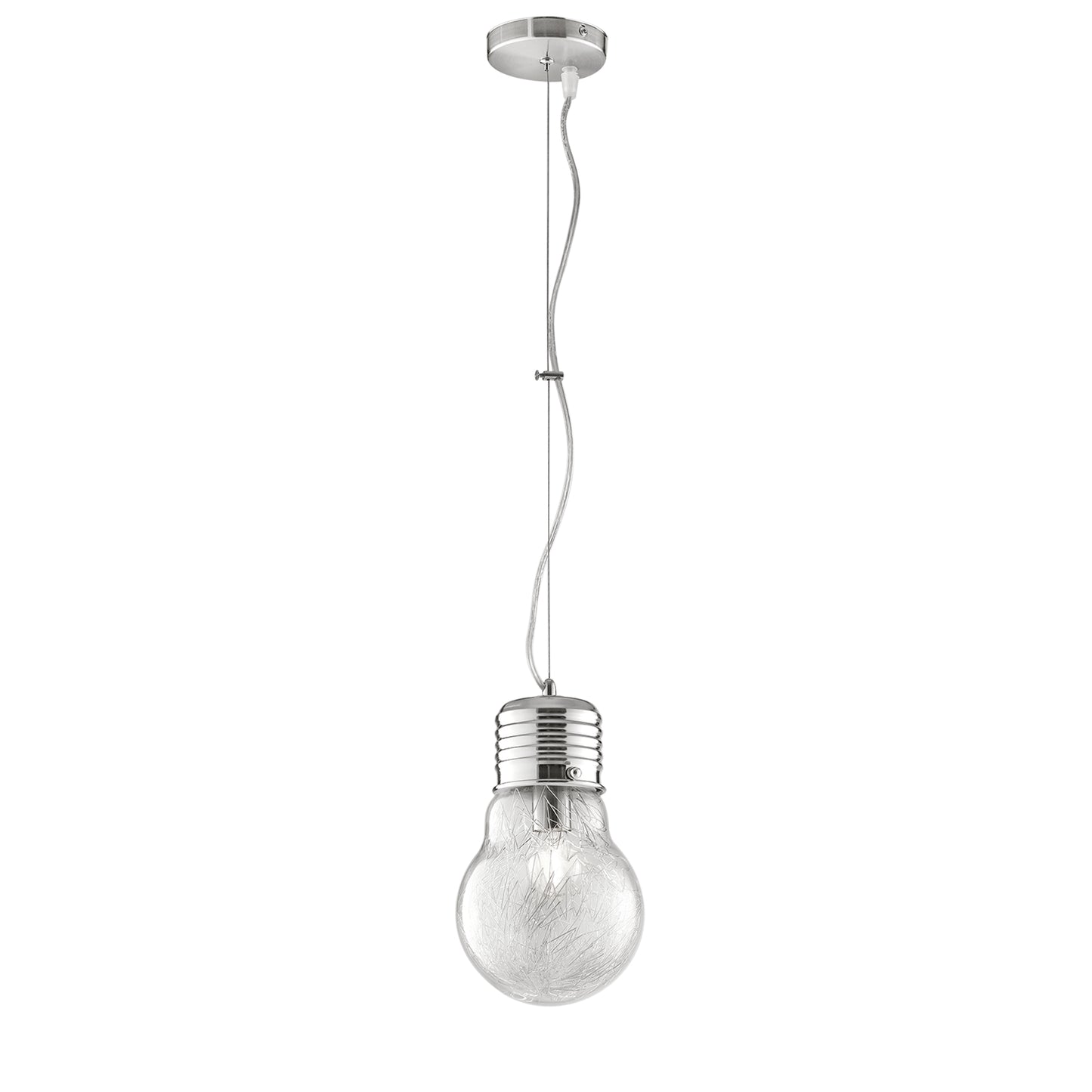 Sospensione LAMPADINA in alluminio cromato e diffusore in vetro 15 cm.