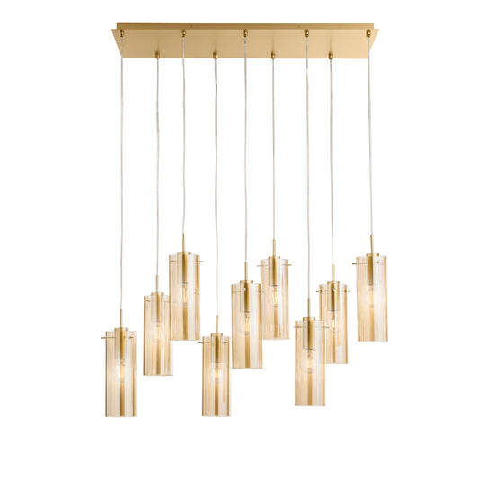 Sospensione MAGIC in metallo oro con 9 diffusori vetro ambrato
