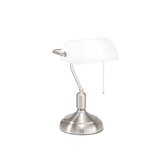 Lampada da tavolo MARSHALL in metallo nichel con diffusore in vetro bianco