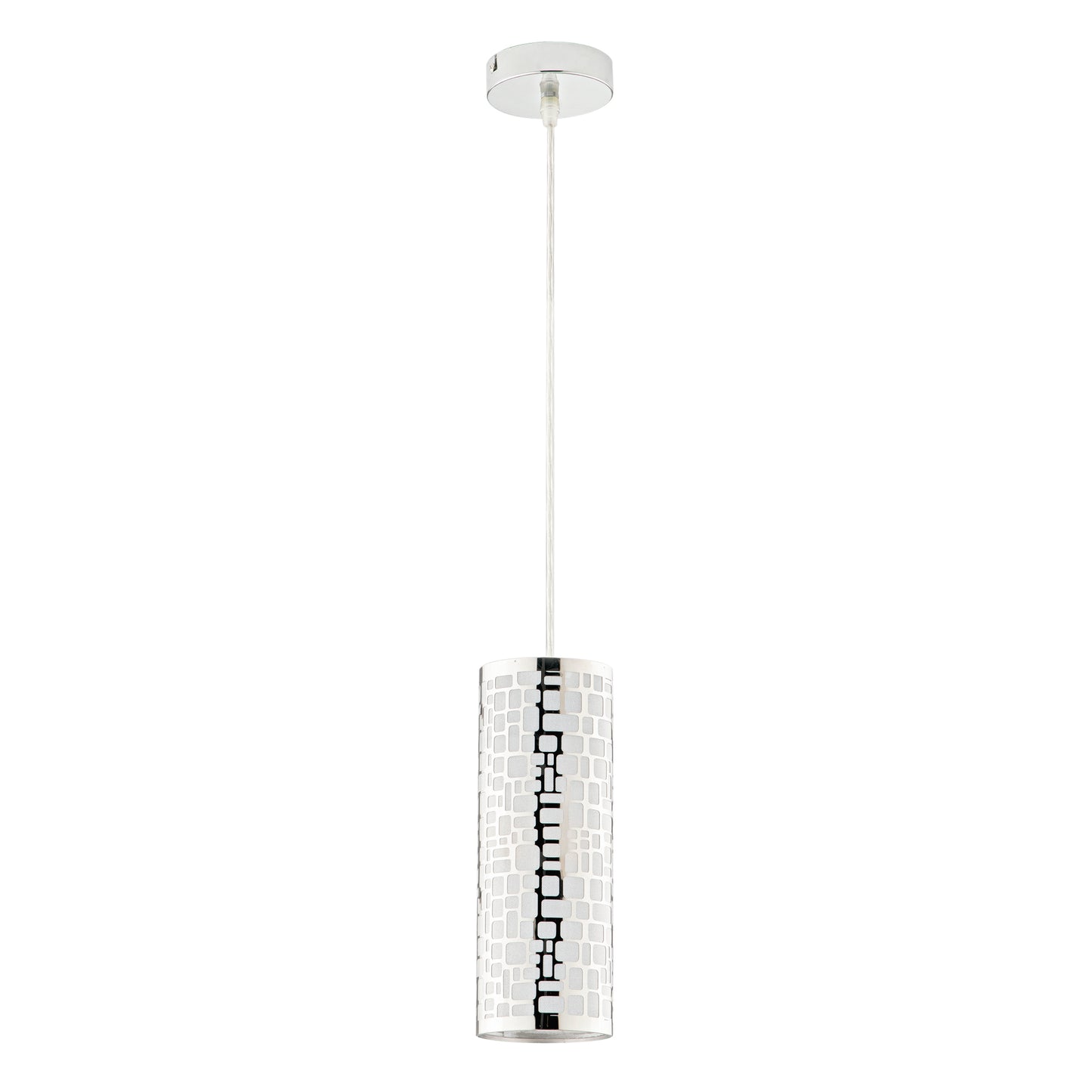 Sospensione MAYA in acciaio cromato con decoro taglio laser h 100cm. 10 cm. Ø