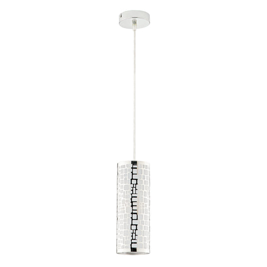Sospensione MAYA in acciaio cromato con decoro taglio laser h 100cm. 10 cm. Ø