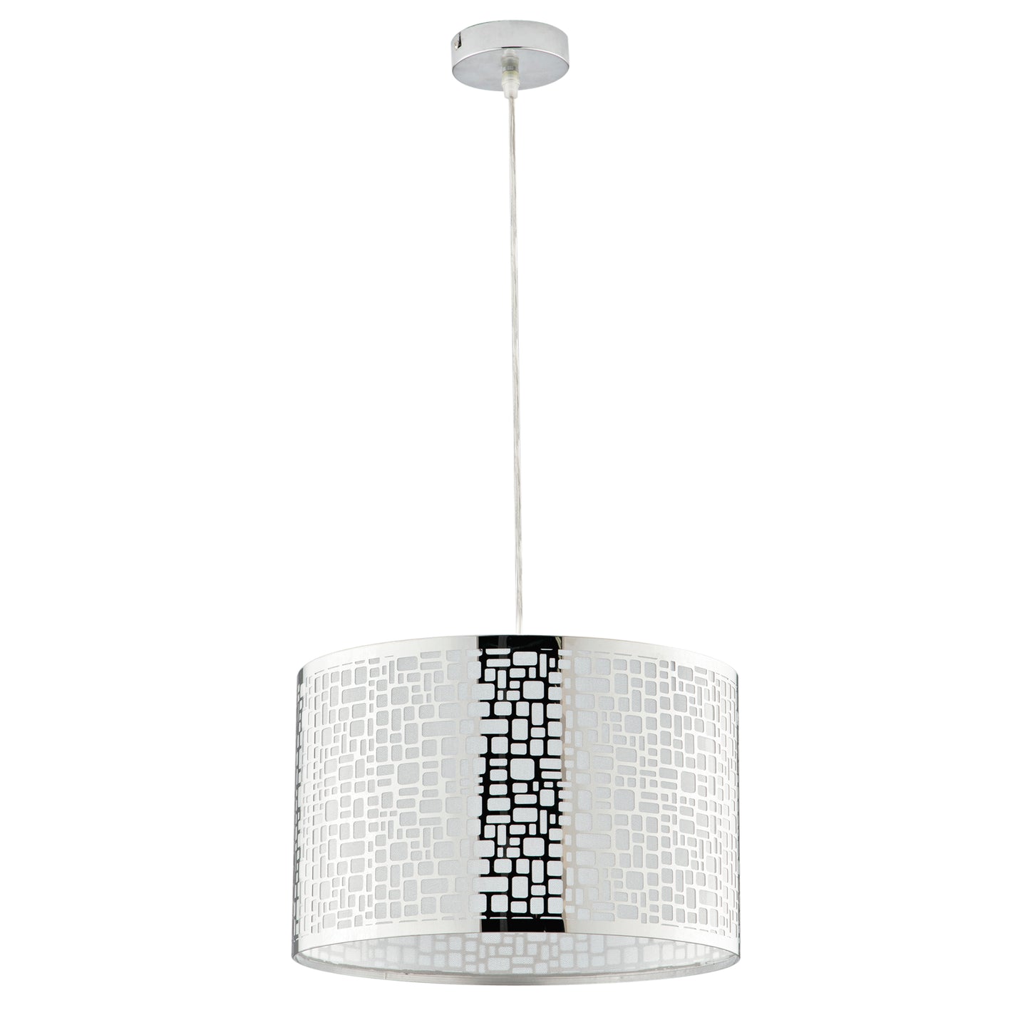 Sospensione MAYA in acciaio cromato con decoro taglio laser h 100cm. 35 cm. Ø