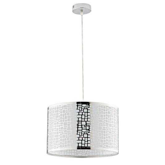 Sospensione MAYA in acciaio cromato con decoro taglio laser h 100cm. 35 cm. Ø