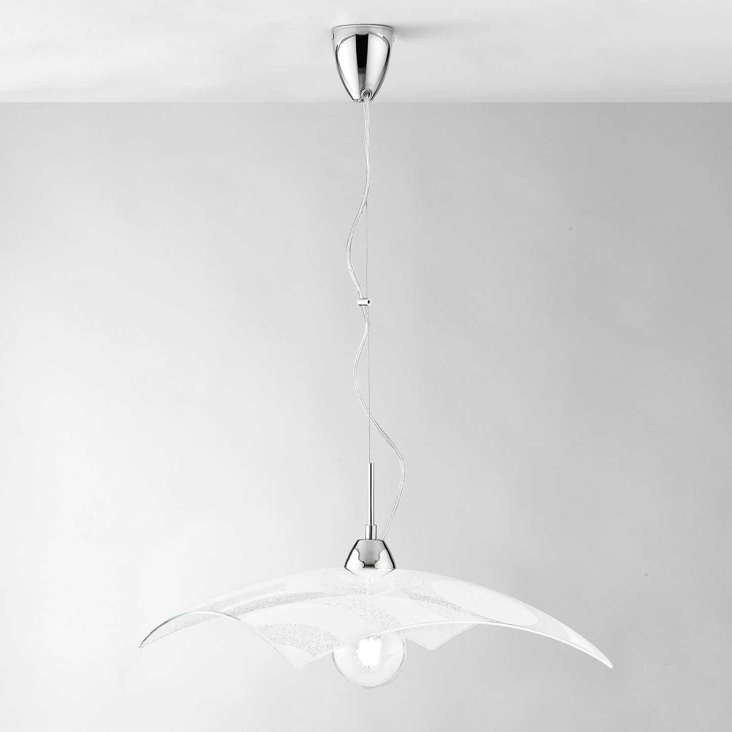 Sospensione MIRO' in vetro bianco, 1 punto luce, h110cm. diffusore quadrato 45 cm.