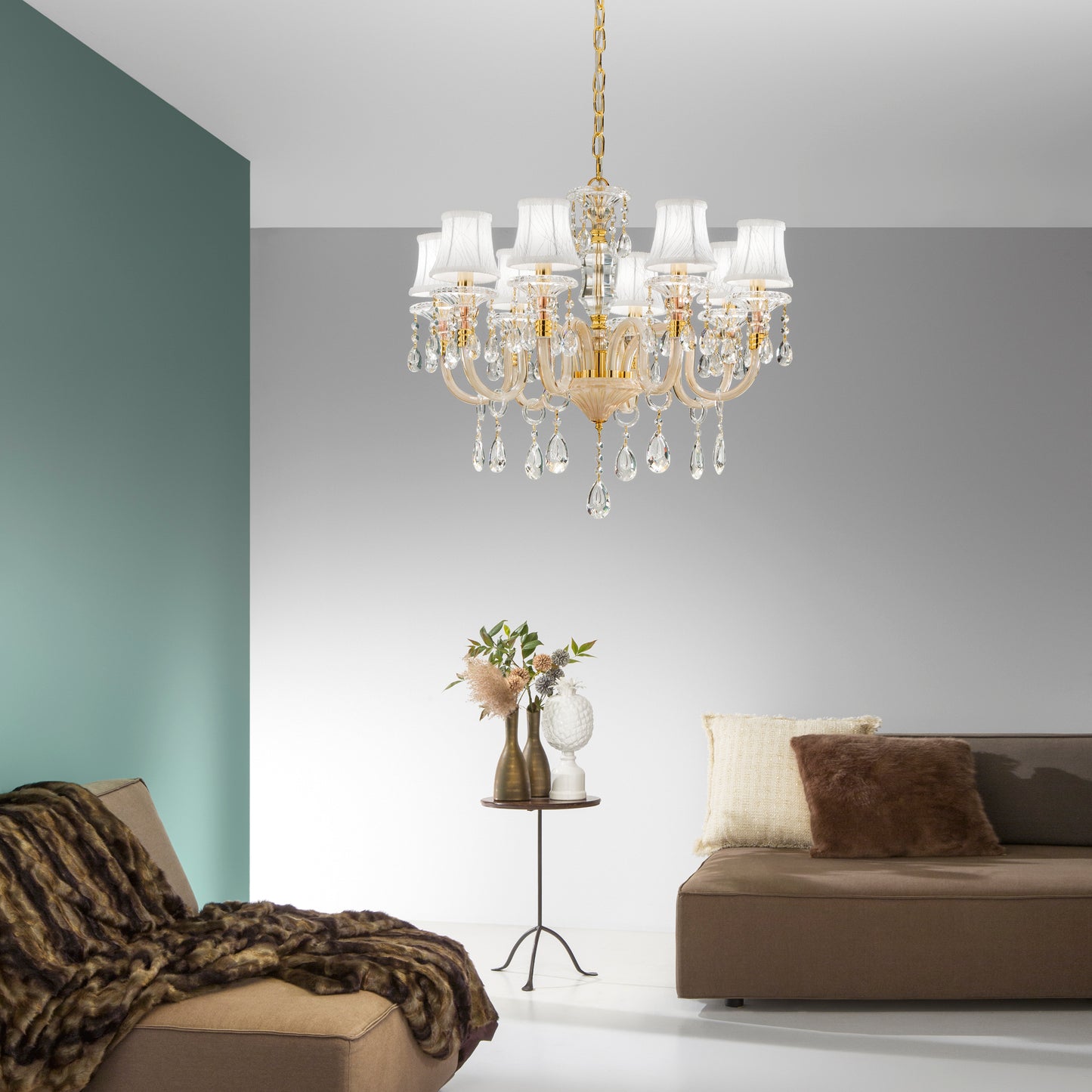 Lampadario MONET in vetro e cristallo oro 8 paralumi in tessuto