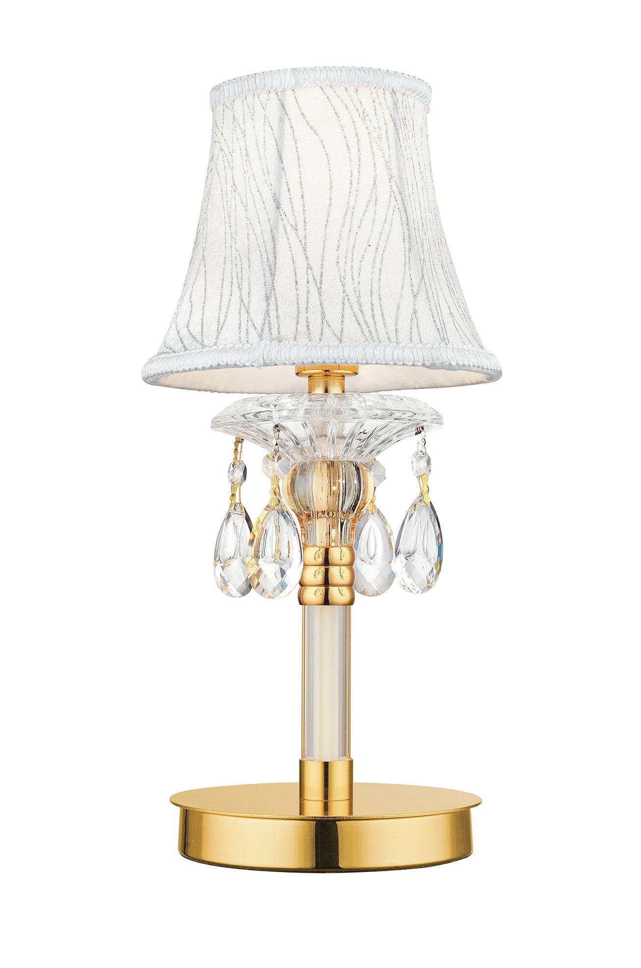Lampada da tavolo MONET in vetro e cristallo oro e paralume in tessuto h 38 cm.