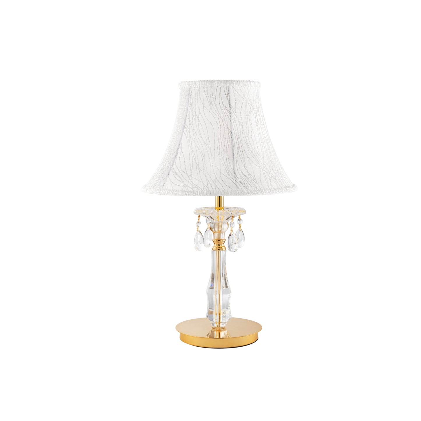 Lampada da tavolo MONET in vetro e cristallo oro e paralume in tessuto h 49 cm.