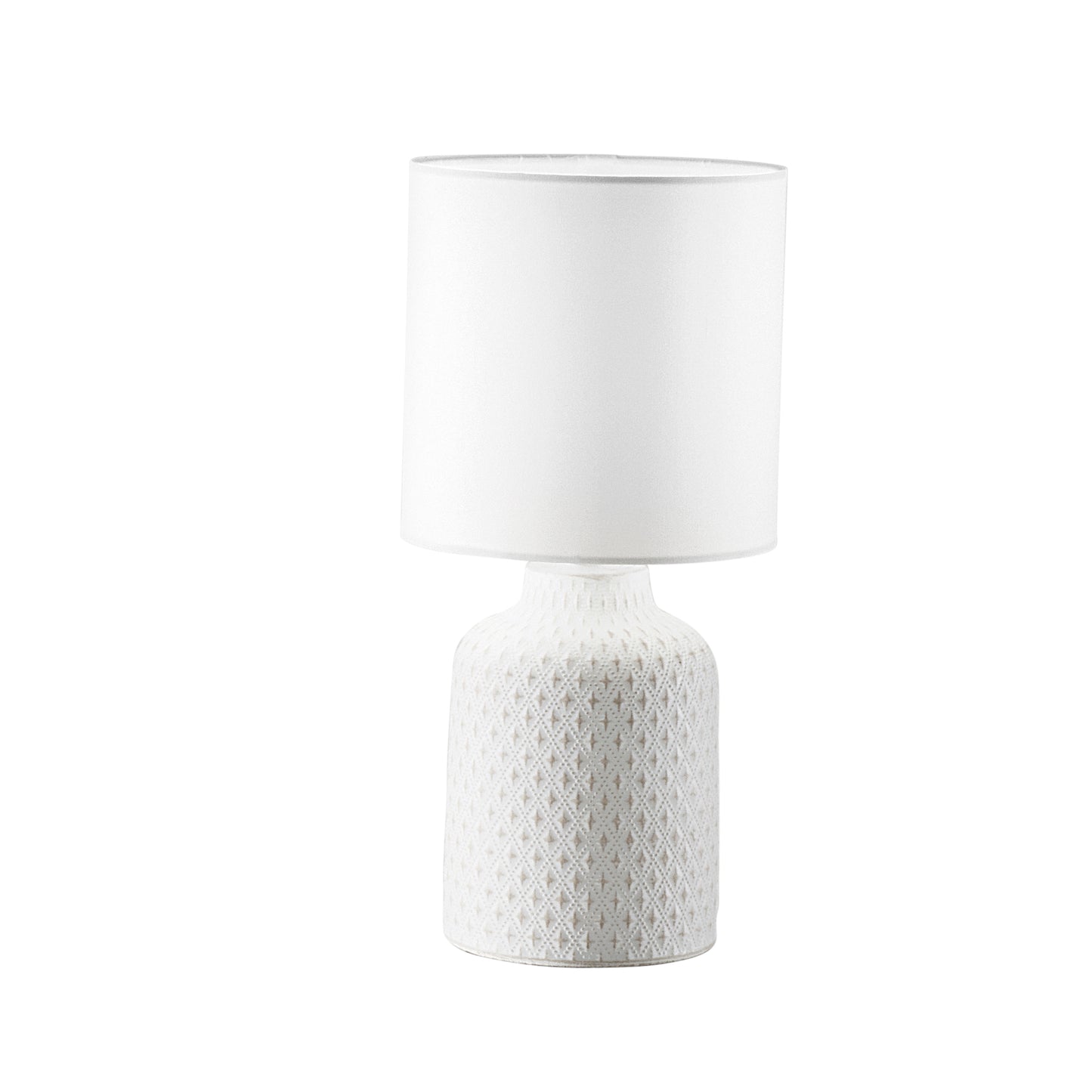 Lampada da tavolo RAVELLO in ceramica bianca con paralume in tessuto