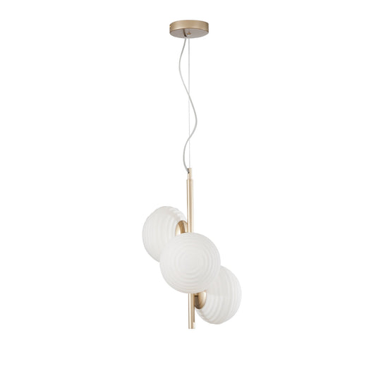 Sospensione RIPPLE in metallo oro con 3 diffusori in vetro bianco