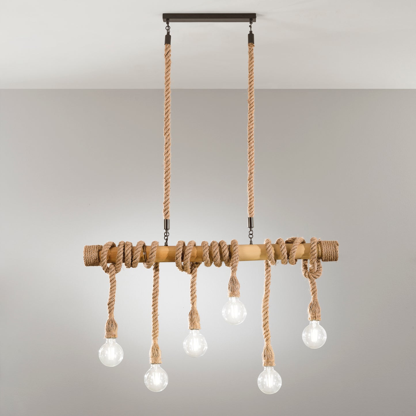 Sospensione ROPE in metallo e corda a 6 luci