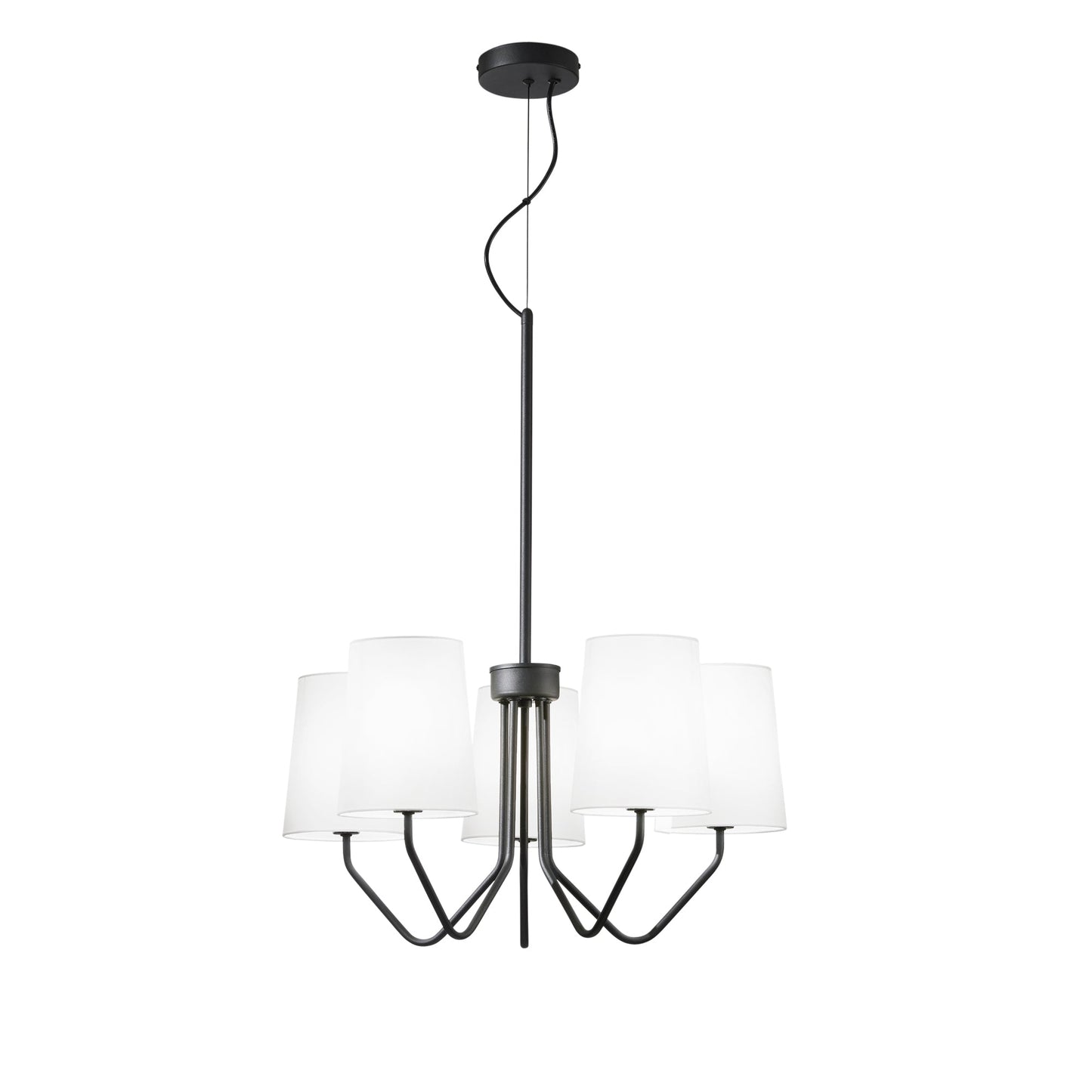 Sospensione SALLY a 5 luci in metallo nero con paralumi in tessuto bianco