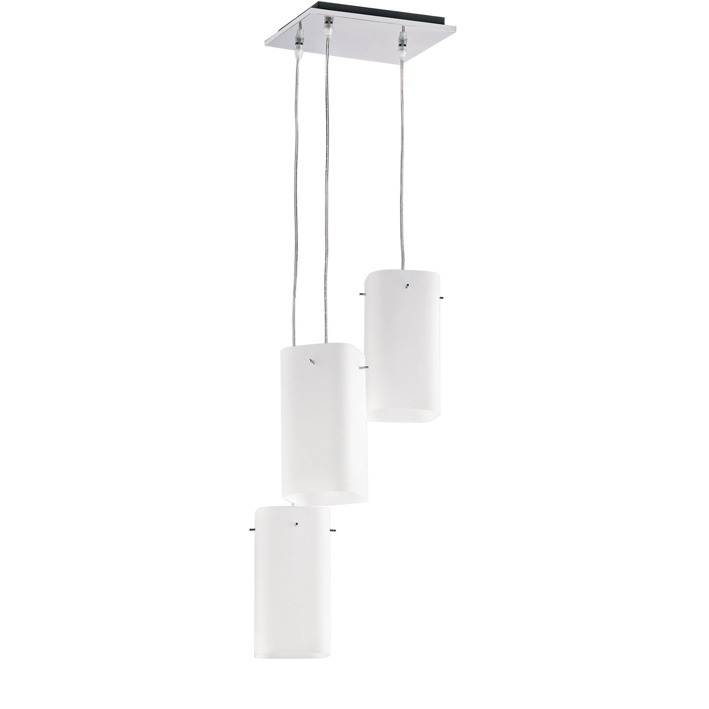 Sospensione in metallo cromato con 3 diffusori in vetro bianco