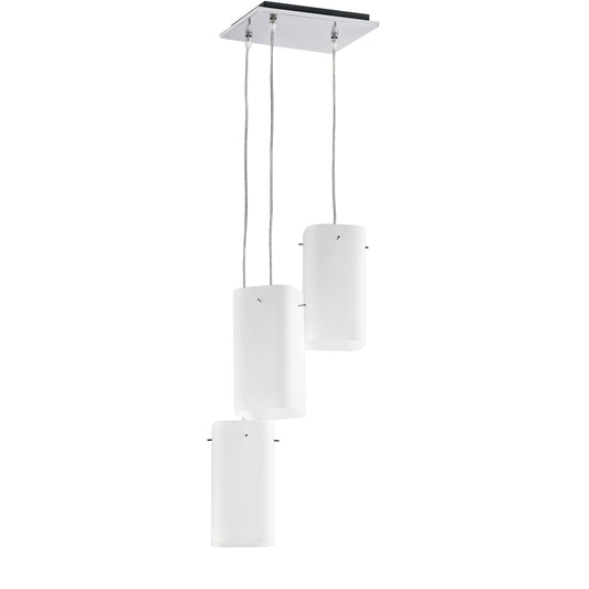 Sospensione in metallo cromato con 3 diffusori in vetro bianco