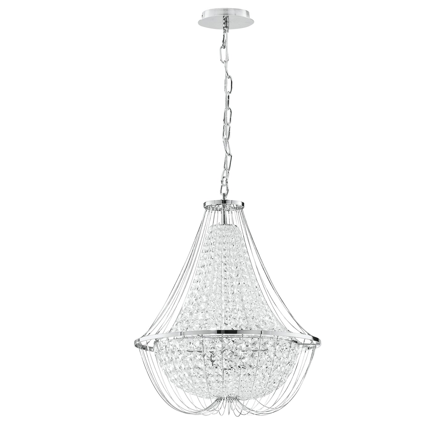 Lampadario a sospensione VIENNA in metallo cromato con cristalli h 120cm. Ø 45cm.