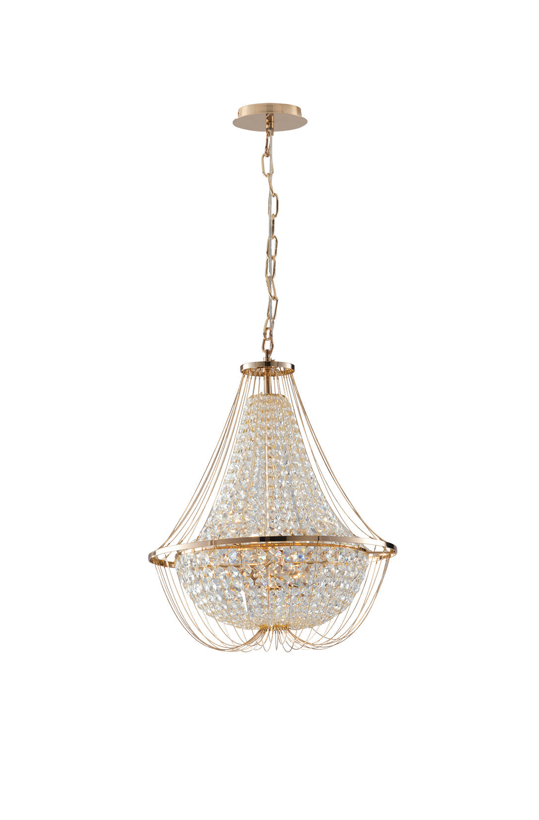 Lampadario a sospensione VIENNA in metallo dorato con cristalli h 120cm. Ø 45cm.