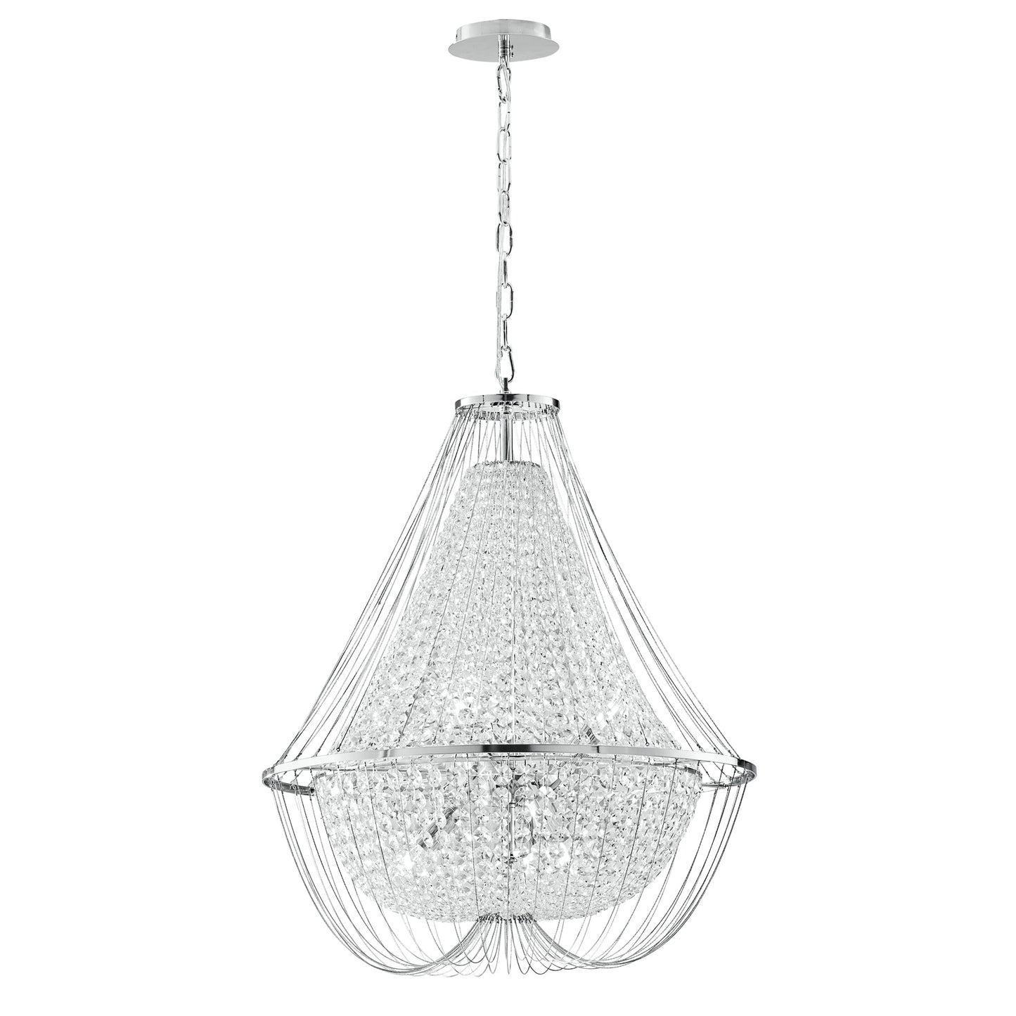 Lampadario a sospensione VIENNA in metallo cromato con cristalli h 120cm. Ø 60cm.