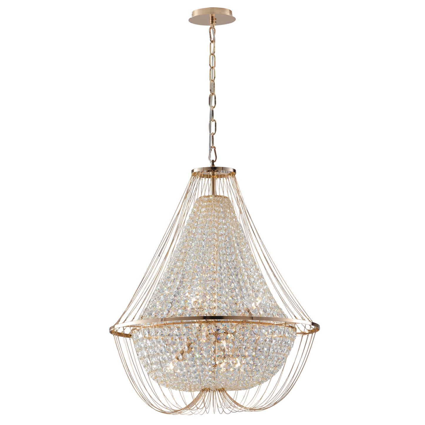 Lampadario a sospensione VIENNA in metallo dorato con cristalli h 120cm. Ø 60cm.