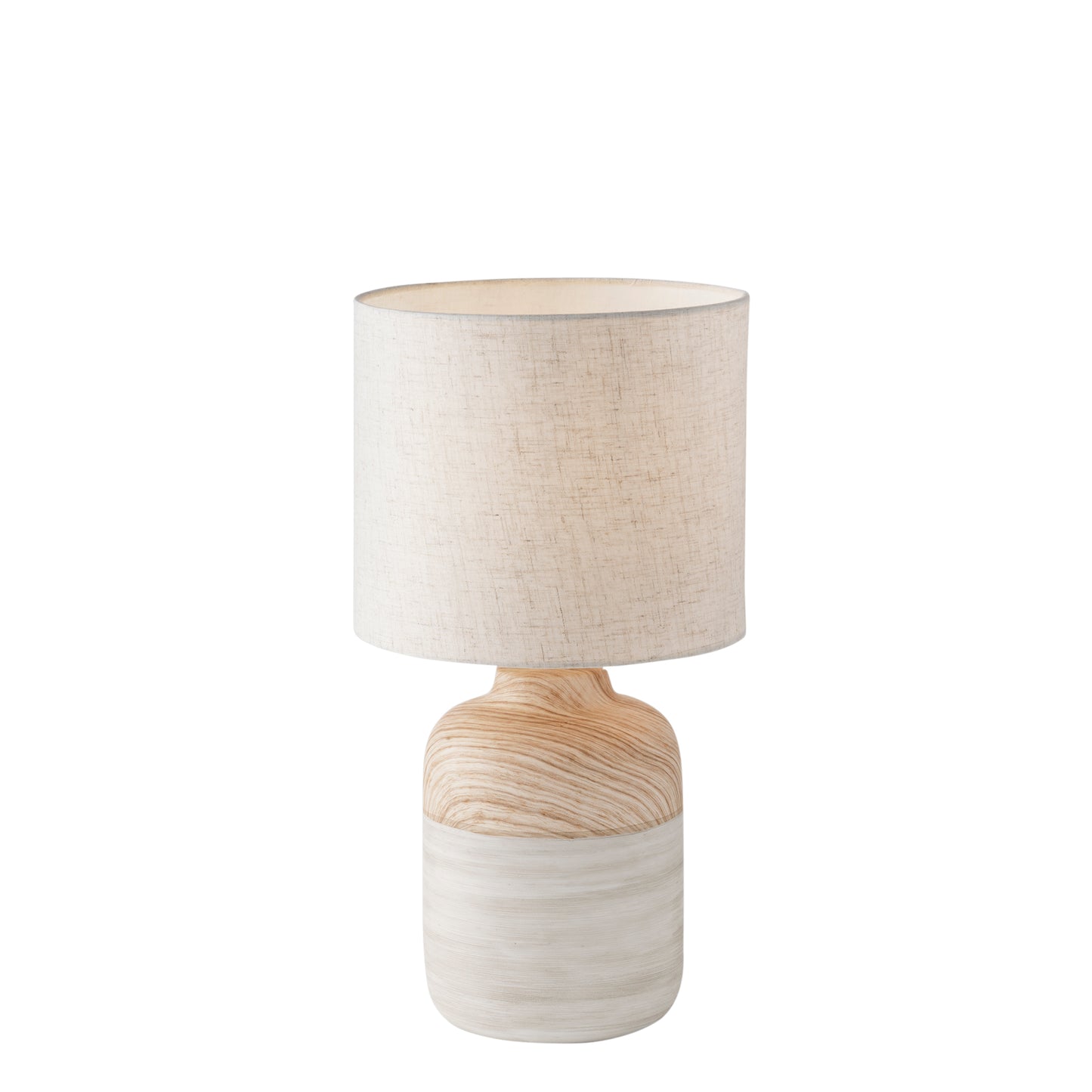 Lampada da tavolo WOODY in ceramica con paralume in tessuto avorio h 41cm.