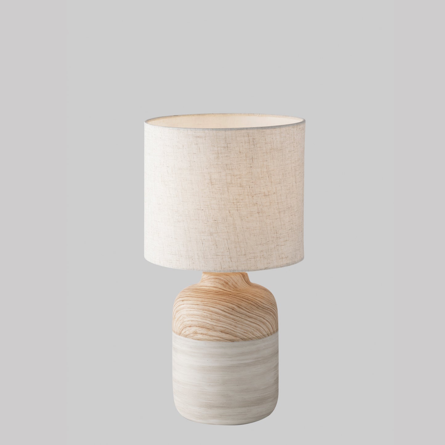 Lampada da tavolo WOODY in ceramica con paralume in tessuto avorio h 41cm.