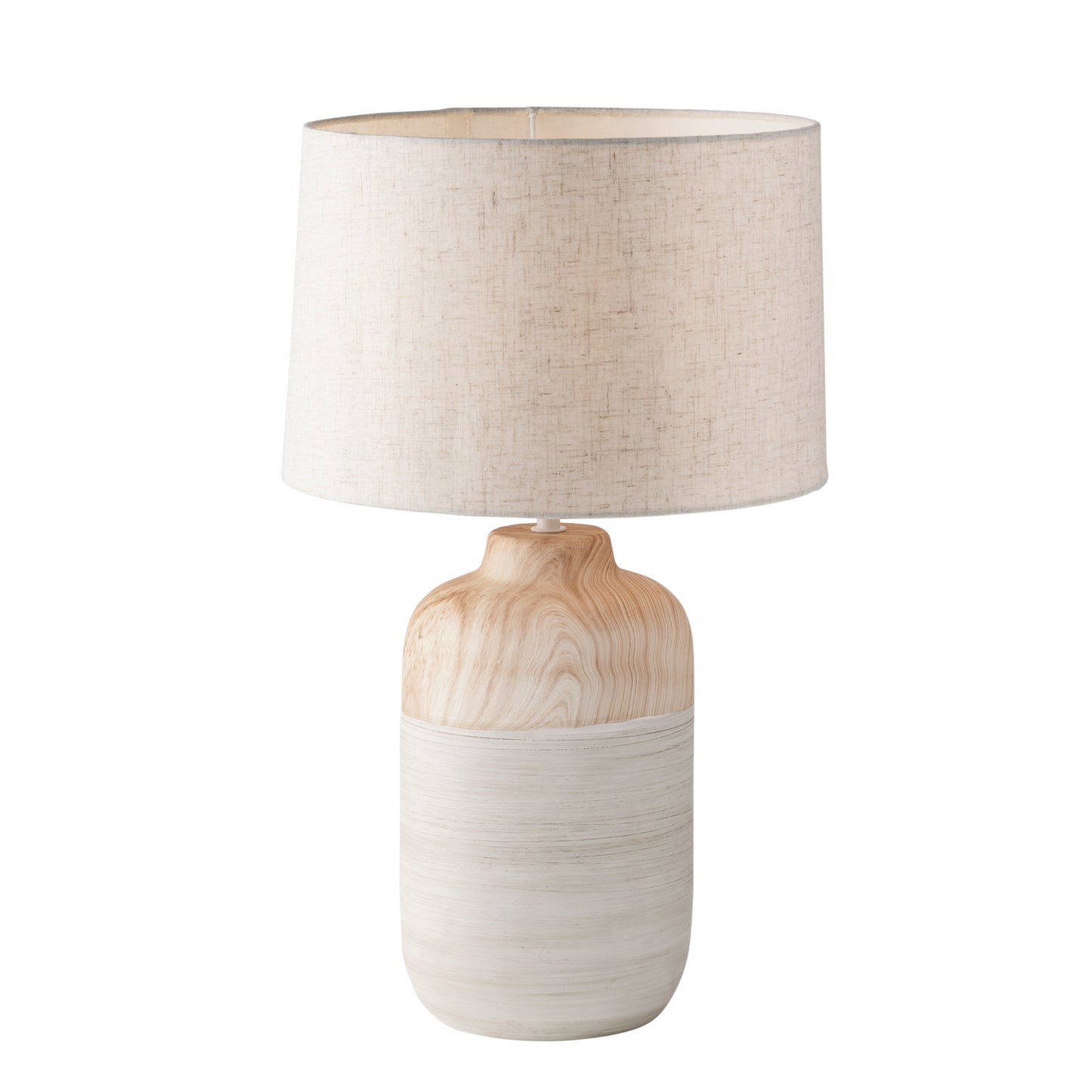 Lampada da tavolo WOODY in ceramica con paralume in tessuto avorio h 49cm.