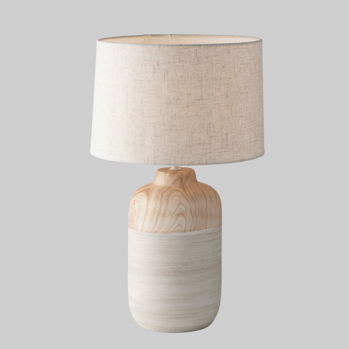 Lampada da tavolo WOODY in ceramica con paralume in tessuto avorio h 49cm.