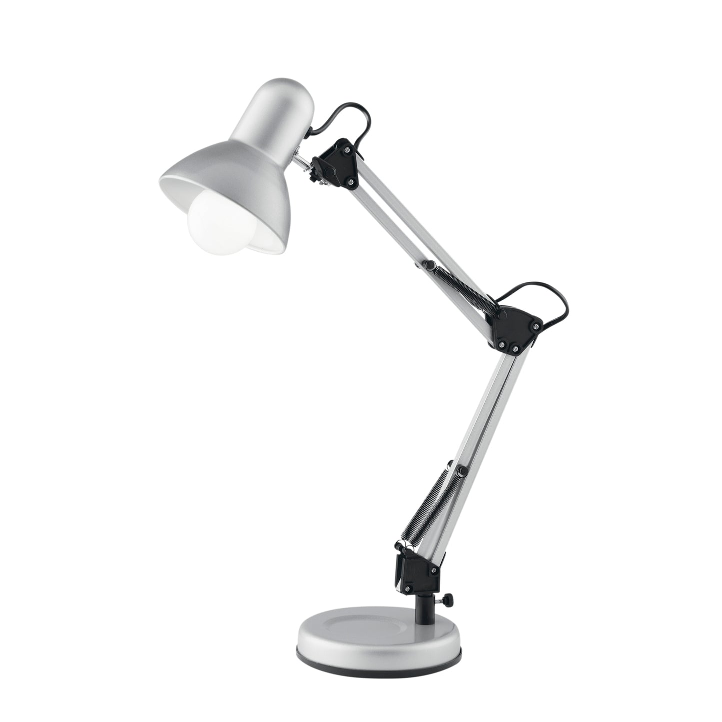 Lampada da lettura ARCHITETTO in metallo argento con braccio e diffusore orientabili e fissaggio su tavolo