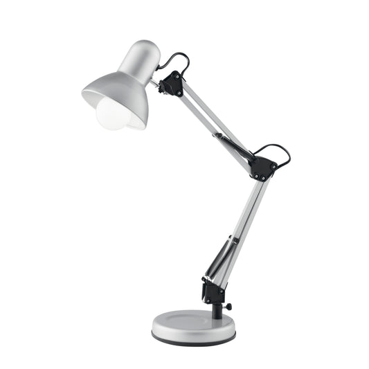 Lampada da lettura ARCHITETTO in metallo argento con braccio e diffusore orientabili e fissaggio su tavolo