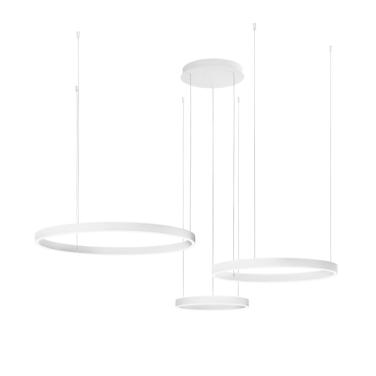 Sospensione LED AKROBAT in metallo bianco con 3 anelli biemissione, CCT